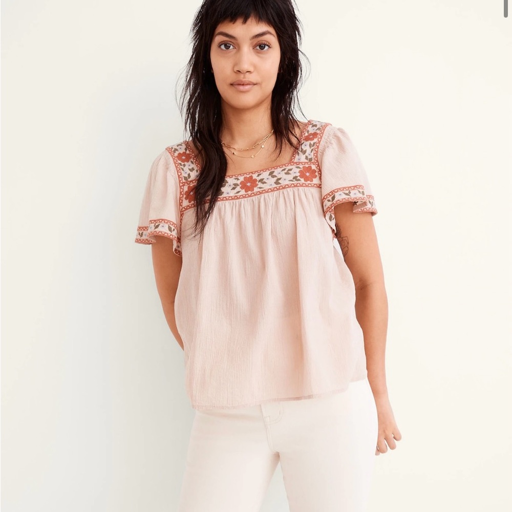 Madewell Pink Embroidered Flutter Sleeve Blouse